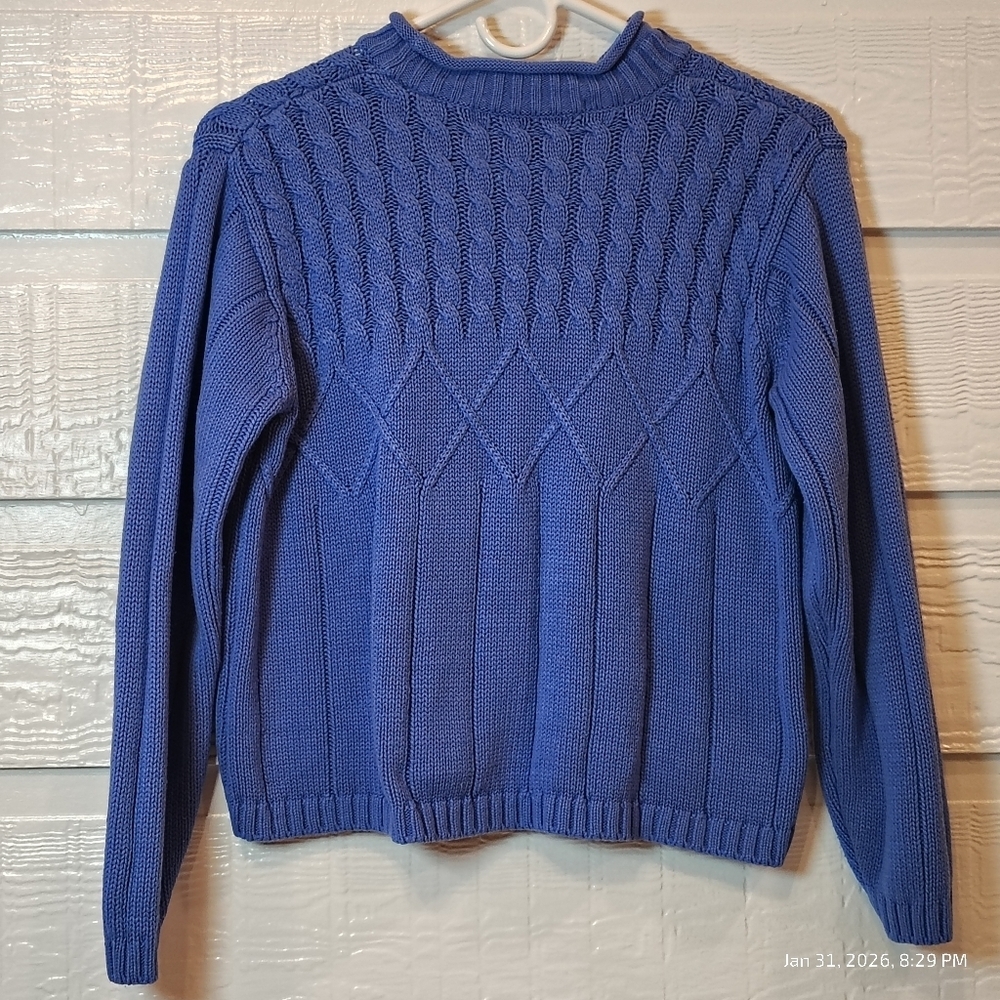 KAREN SCOTT PETITE MEDIUM CROPPED BLUE CABLE KNIT SWEATER‎ - Picture 8 of 8